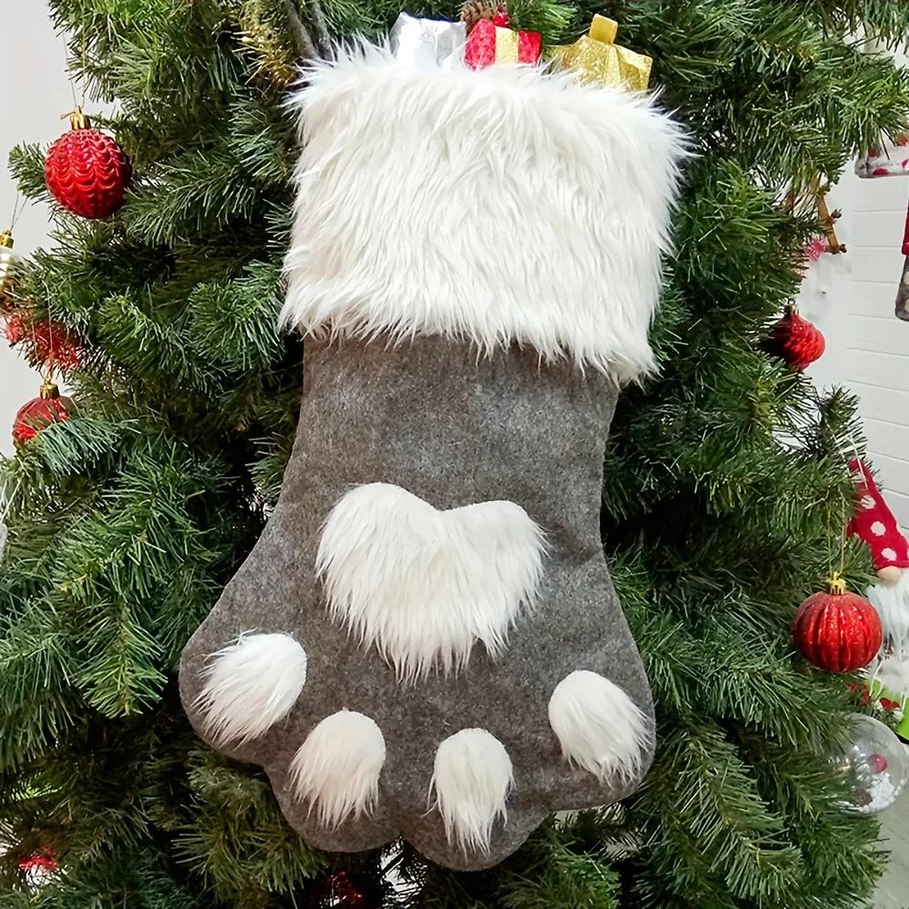 Christmas Stocking Socks Gift Candy Bag Dog Cat Paw Elk Pattern Xmas Tree Hanging Ornament Party Home Fireplace Decoration