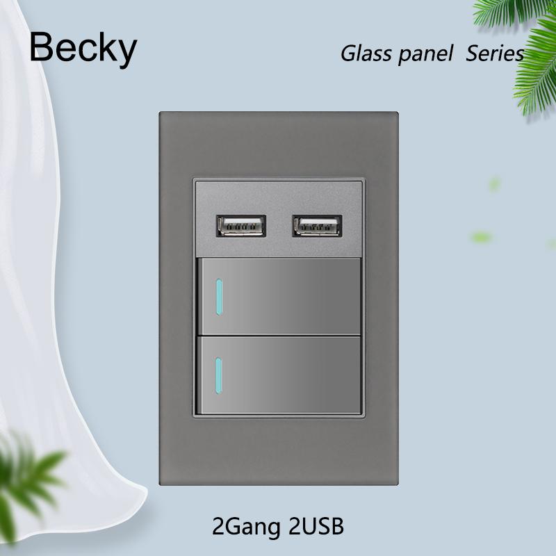 Glass Panel Brazil Registered Jack Dual Usb C- Type Light Switch Office Wall Power Socket 118 * 72mm Grey Fiberglass 20a 10a