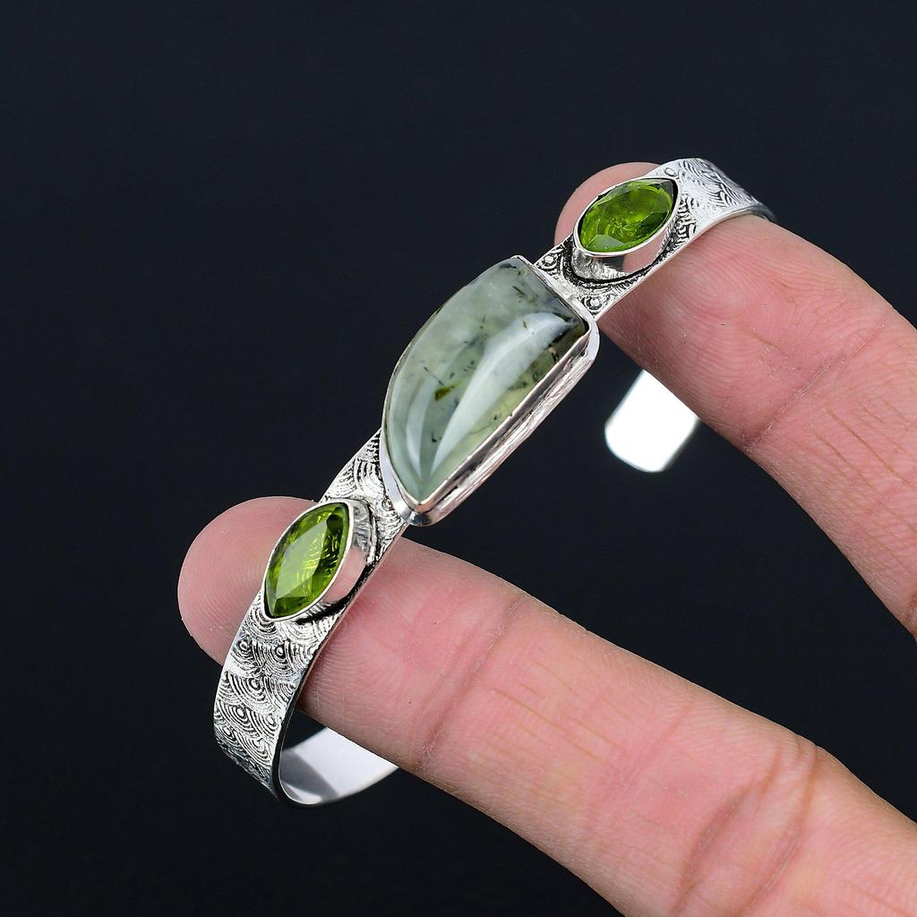 Daughters Day Sale Natural Moss Prehnite Peridot Sterling Silver Bangle Jewelry