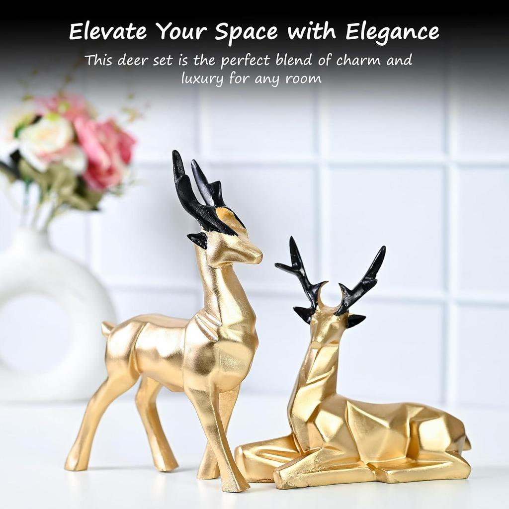 Набор из 2 смоляных скульптур оленей Хиран для домашнего и офисного декора в стиле природы, идеально подходит для любителей природы, прекрасный подарок для друзей и семьи (Золото)
