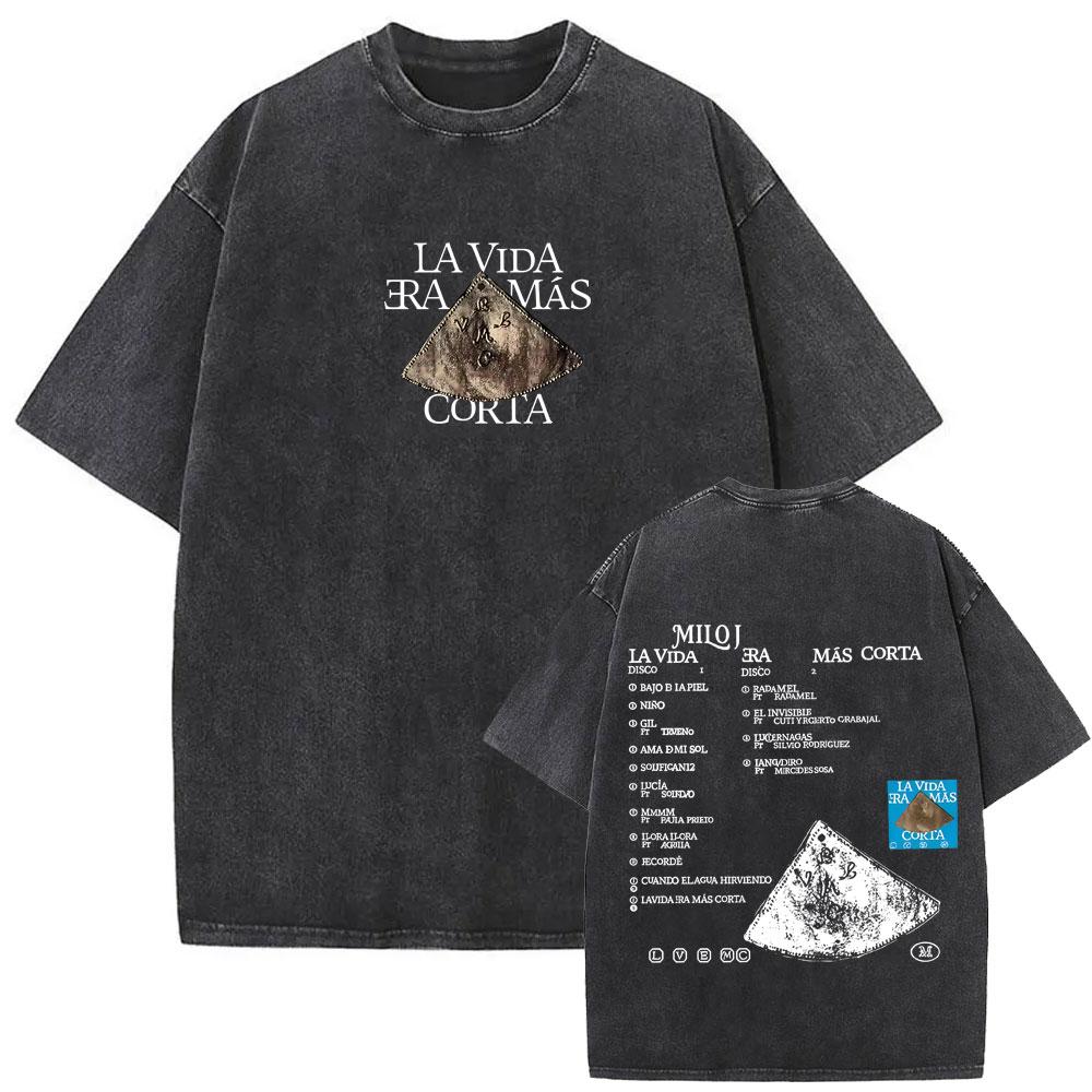 Washed Vintage Rapper Milo J La Vida Era Mas Corta Album Graphic Tshirt Men Women Hip Hop Fashion Pop Music T Shirts Streetwear