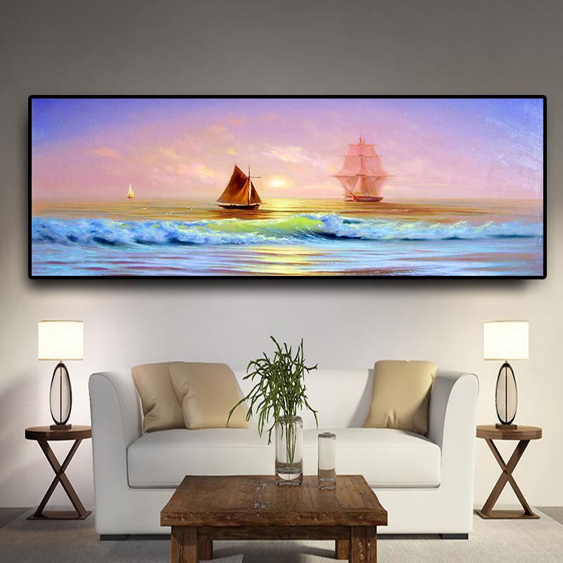 Sailing Ship At Sea Sailboat Wave Oil Painting On Canvas Posters and Prints Cuadros Wall Art Pictures For Living Room