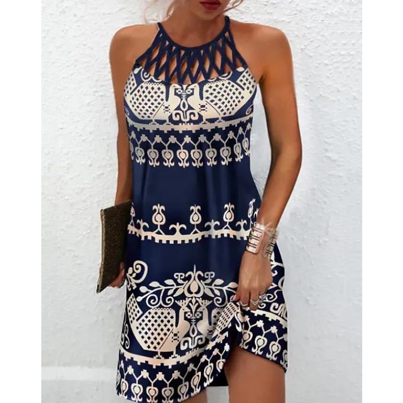 GMXIA National Style Positioning Print Mesh with Sleeveless Casual Dress for Women