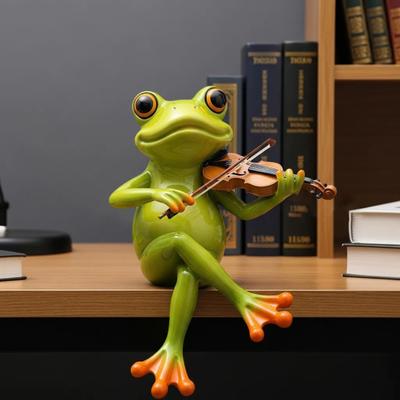 Статуэтка Лягушки-Музыканта, Ручная Резьба, Украшение Лягушки с УФ-покрытием, Миниатюрная Полимерная Фигурка, Играющая на Музыкальном Инструменте, Декор для Сада