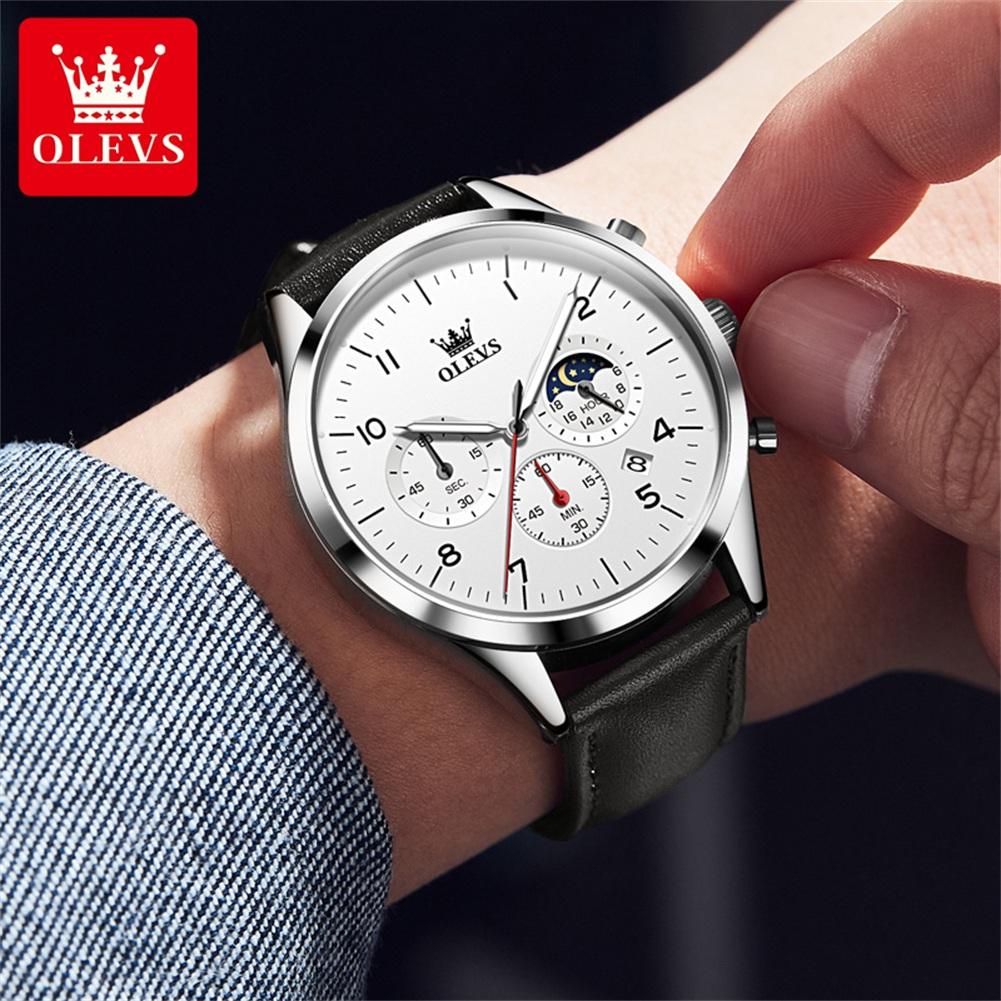 OLEVS Brand Fashion Moon Phase Quartz Watch for Men Leather Waterproof Luminous Calendar 24 Hours Multifunction Mens Watches