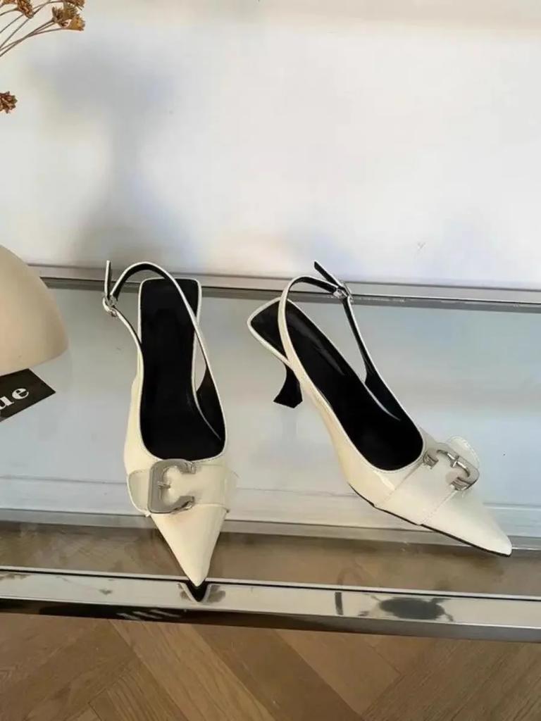 Fashion Spring Commute Women's High Heels Patent Leather Thick Heel Sharp Pointed Toe Slip-On Shoes Simple Style Rubber Sole Footwear