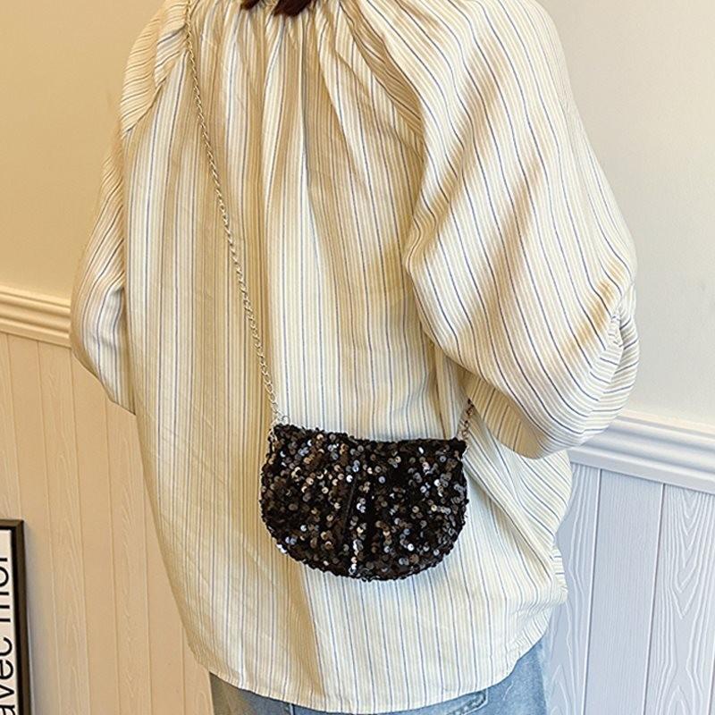 Trendy Mini Half Moon Pu Crossbody Bag With Shiny Sequins For Stylish Women