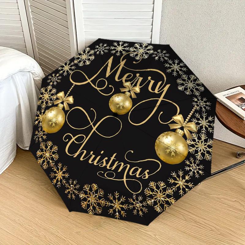 1pc Merry Christmas Golden Ornaments Umbrella with Plastic Handle,Suitable for All Seasons Home Travel Outdoor UmbrellaDD491