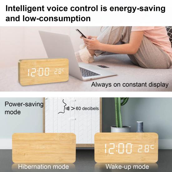Деревянный будильник Yousheng с большим светодиодным экраном, легко читаемый, затемняемый, цифровой будильник с функцией повтора и дисплеем температуры