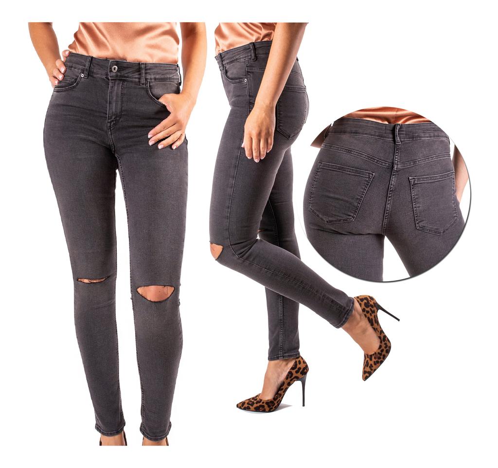 Spodnie Jeans Damskie Z Wysokim Stanem Szare 36