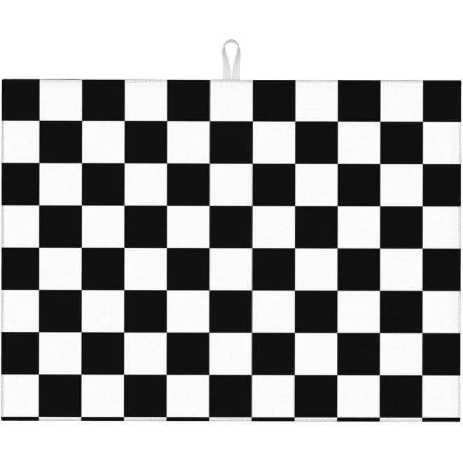 Black White Checkered Dish Drying Mat for Kitchen Counter, Coffee Bar Accessories, Retro Classic Plaid Pattern Absorbent Coffee Mat Kitchen Drying