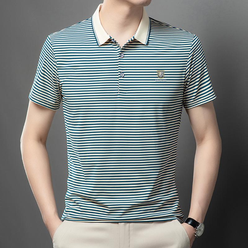 Men's Short Sleeve Cotton T-shirt Summer Stripes Loose Half-Sleeved T-shirt Business Polo Shirt Trendy Men