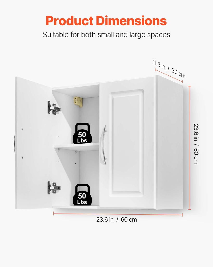 VEVOR Laundry Room Wall Cabinet, 2-Tier Wall Mounted Hanging Cabinet with Adjustable Shelf, 60 cm Cupboard Storage with 2 Doors, for Kitchen