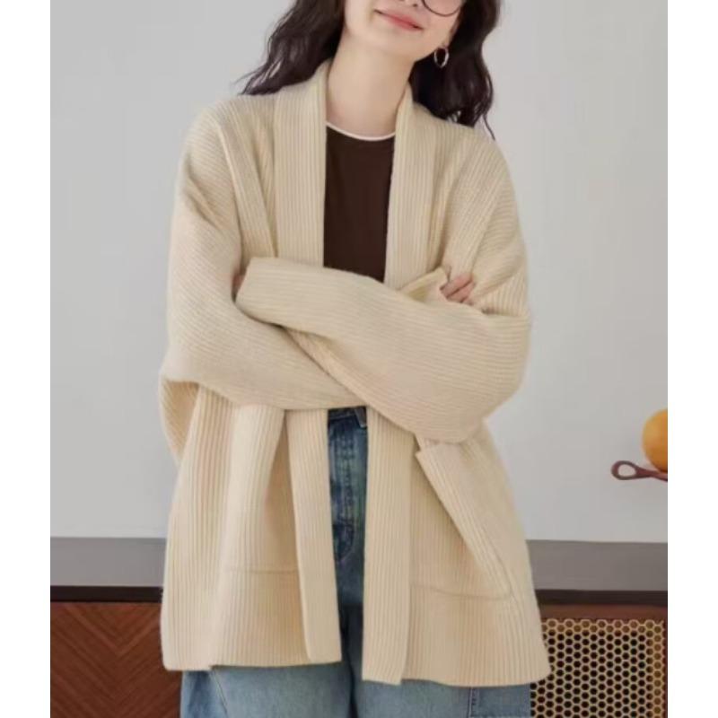 Retro Simple Casual V-neck Knitted Cardigan Women's Autumn and Winter New Versatile Loose Lazy Sweater Jacket
