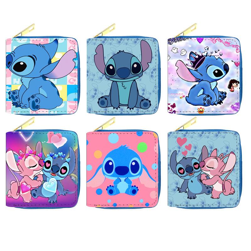 Stitch PU Leather Short Zip Wallet Cute Card Holder Coin Purse for Women Students 6pcs