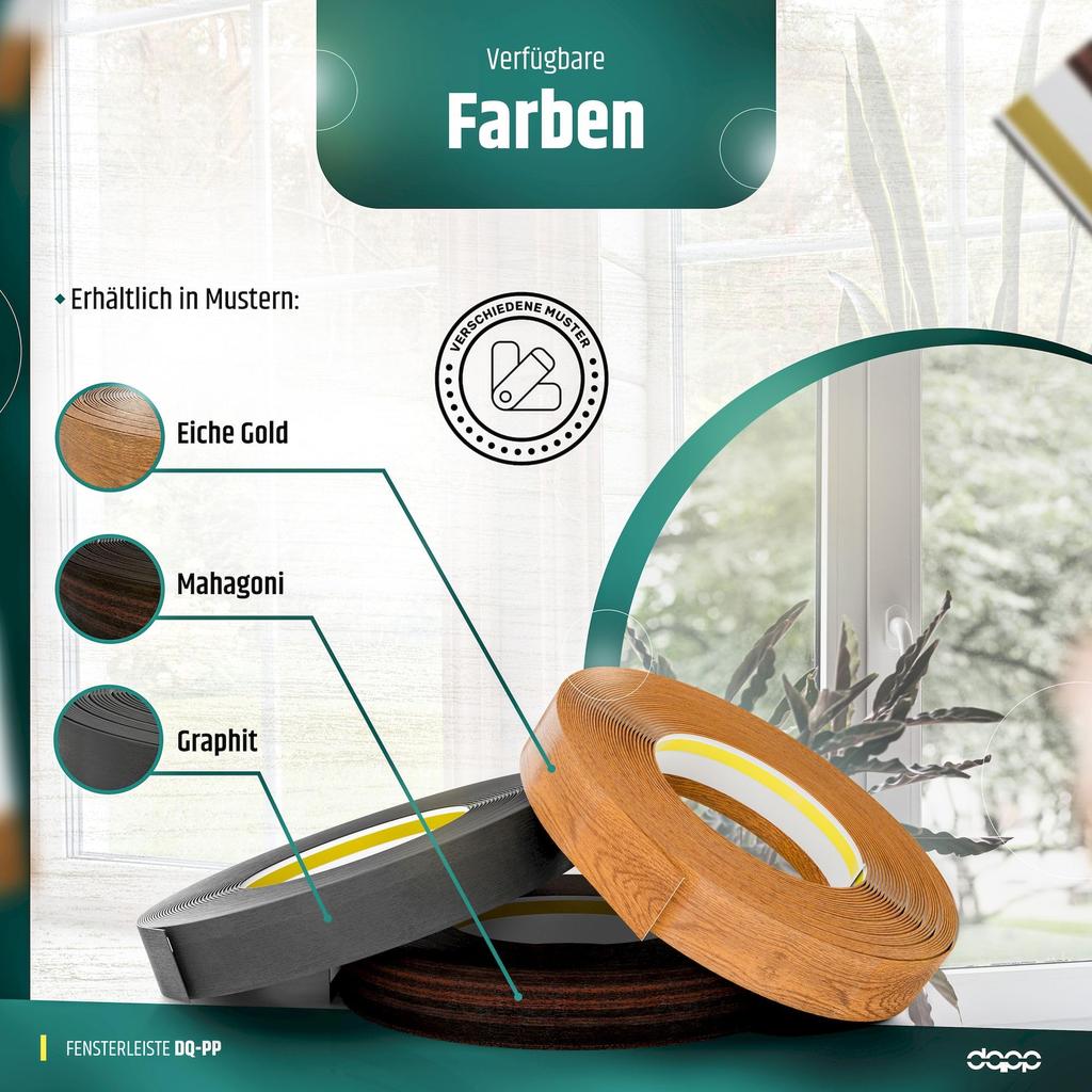 DQ-PP FENSTERLEISTE - 5m Länge - 40mm Breite - 1.5mm Stärke - Eiche Gold - Flachleisten Kunststoffleisten Profileleisten Abschlussleisten