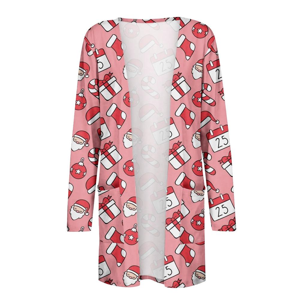 Женская модная повседневная куртка-кардиган с рождественским принтом средней длины, пальто
