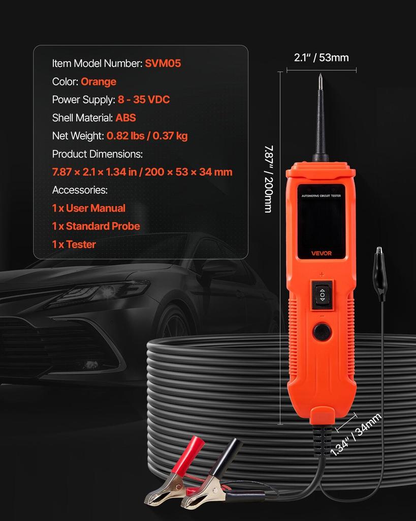 Automotive Circuit Tester, 8 - 35 DCV Power Circuit Probe Tester with TFT Color Display and Lighting, Automotive Power Tester Probe with 13 ft / 4 m