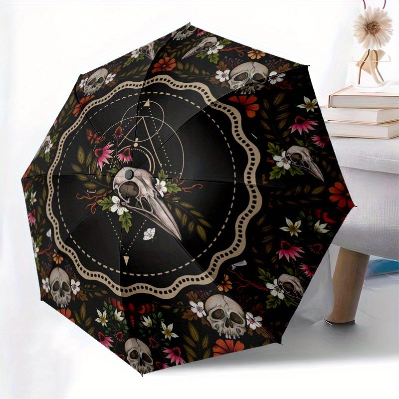 Bohemian Skulls & Flowers Circular Wall Art Decor Umbrella, Cute Umbrella with Cute Design, Portable 3-Fold Compact Umbrella for Men & Women, Valentin