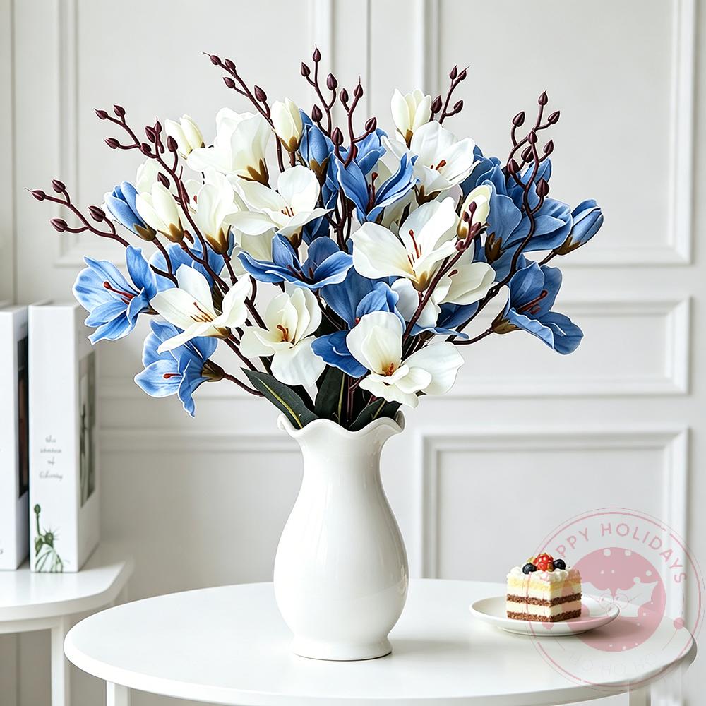 Red White 5 Forks 20 Head Artificial Magnolia Flower For Home Living Room Table Decoration Bride Wedding Party Flower Bouquet 5