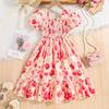 Summer New Bubble Sleeves Romantic Flower Vacation Style Dress for Middle School Children and Girls