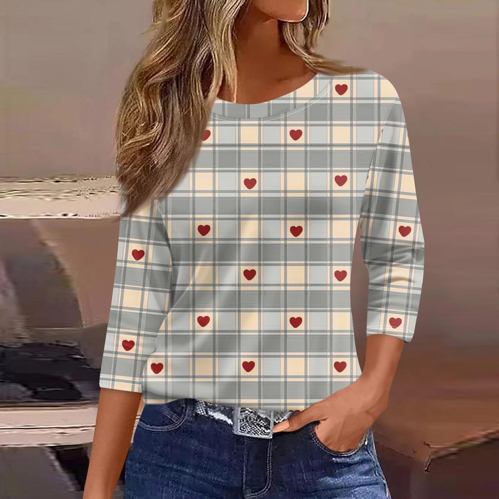 Women's Fashionable Casual Three Quarter Sleeve Printed Round Neck Top