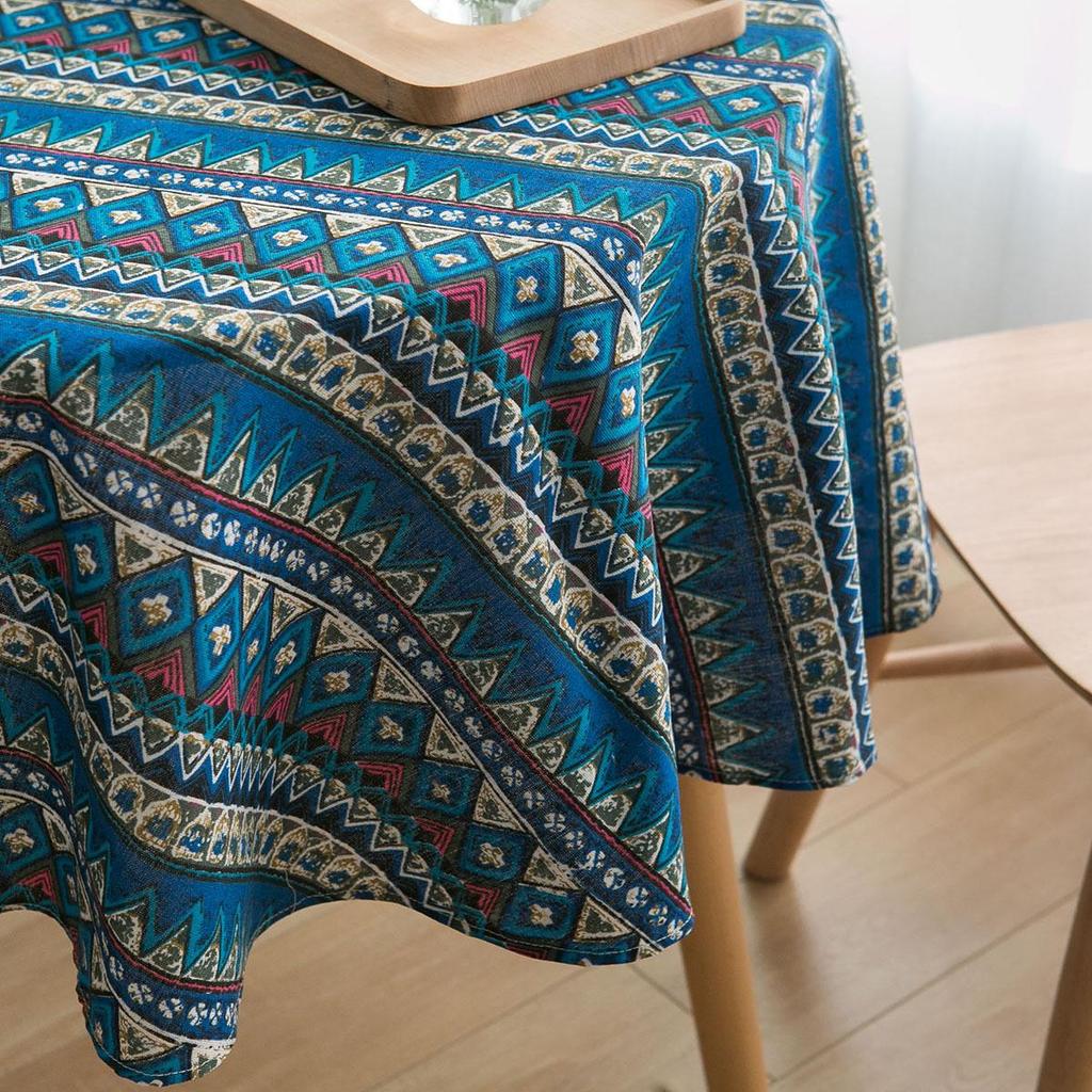 Bohemian Blue Geometric Print Tablecloth with Mediterranean Style Napkins - Cotton Linen for Coffee Table