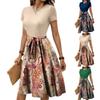 Women's Fashionable Retro Patterned Printing Color Blocked Belt Casual Dress