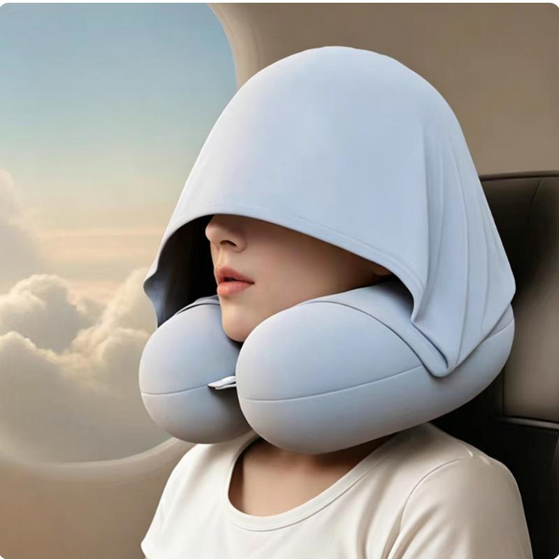 Hooded Ice Silk U-shaped Neck Pillow, Portable Travel Neck Support Pillow for Car Airplane Summer Sleeping