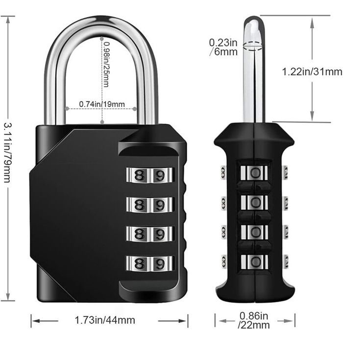 Combination Padlock - YYV - 4 Digits - Black - Weatherproof - Ideal for Lockers