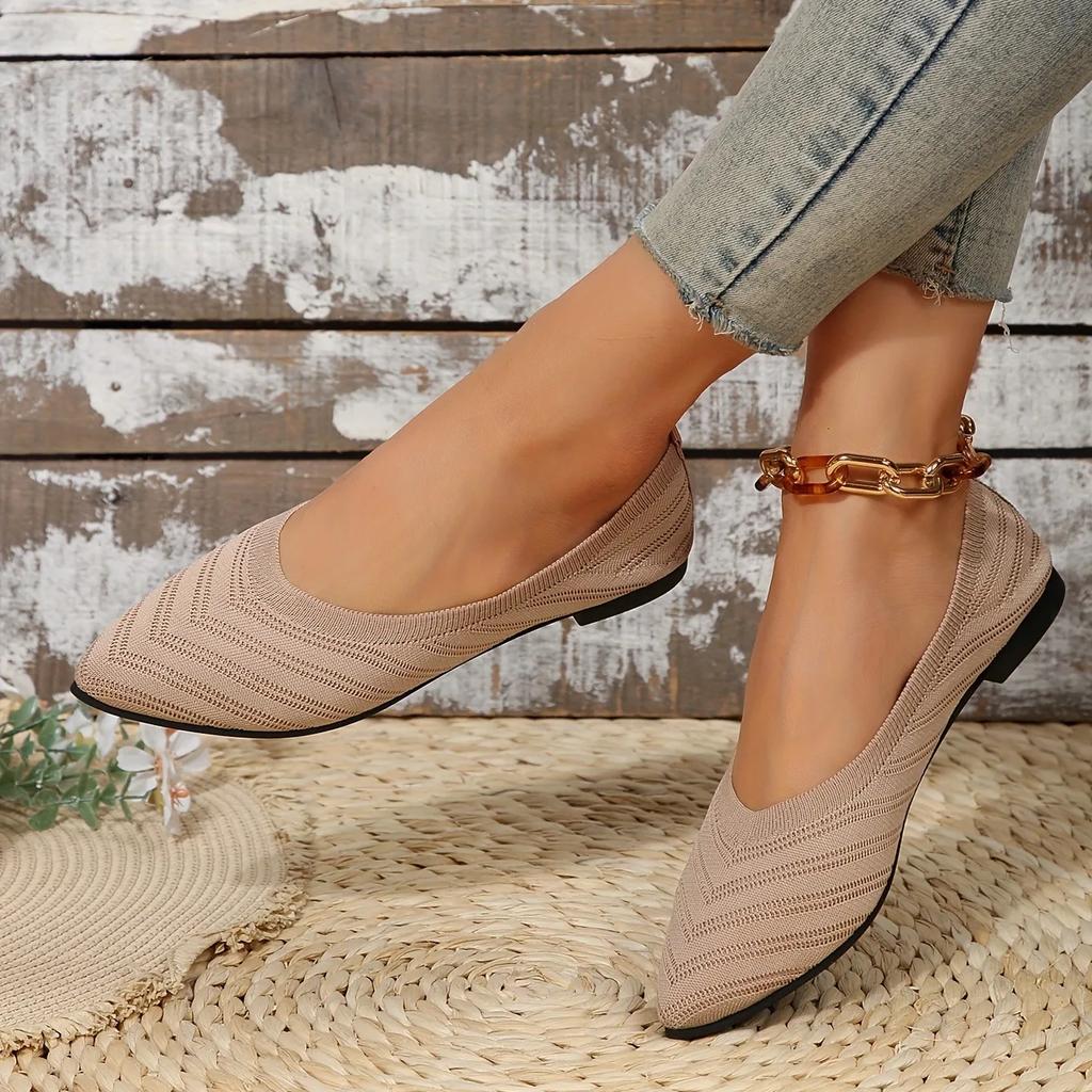 Женские туфли на плоской подошве с острым носком, однотонные вязаные туфли без шнуровки, повседневные дышащие туфли на плоской подошве, женские лоферы на плоской подошве, удобная женская обувь