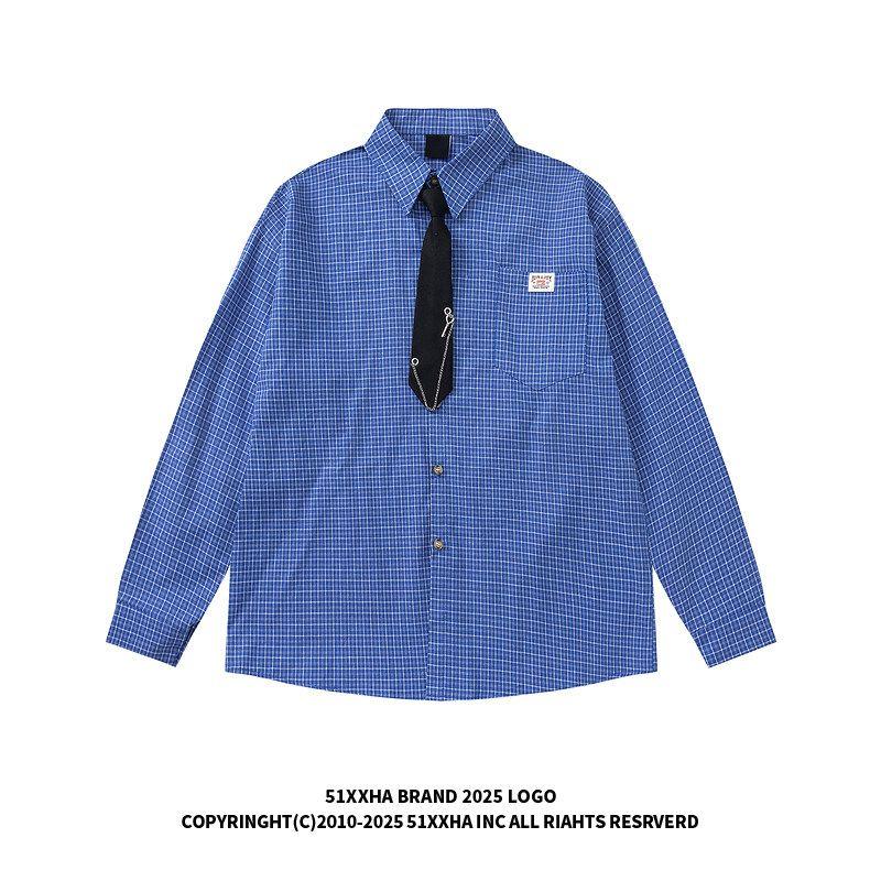 51 Hip-Hop Trendy Brand College Style Tie Plaid Shirt for Men and Women American Style Color-Blocking Vintage Versatile Couple Long-Sleeve Shirt