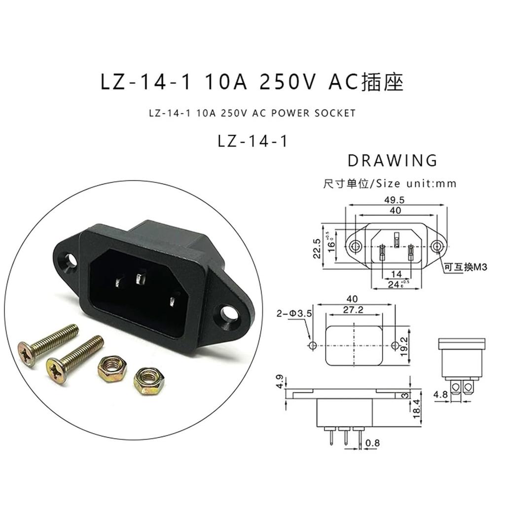 1 шт. LZ-14-1 10A 250V 3 контакта Панельный встраиваемый разъём-гнездо питания IEC320 C14 Розетка переменного тока с 2 комплектами винтов