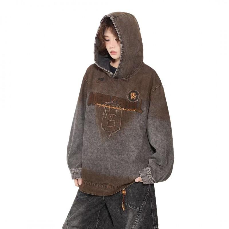 Early Vintage Embroidered Hooded Sweatshirt Loose Fit Men Women Casual Top