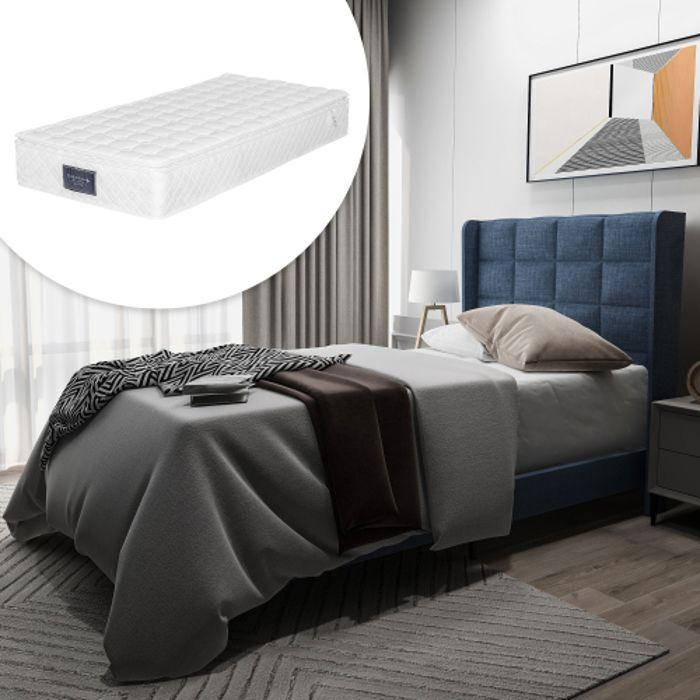 Lit simple - MUVOE - 90x200 cm - Rembourré - Matelas à ressorts - Bleu