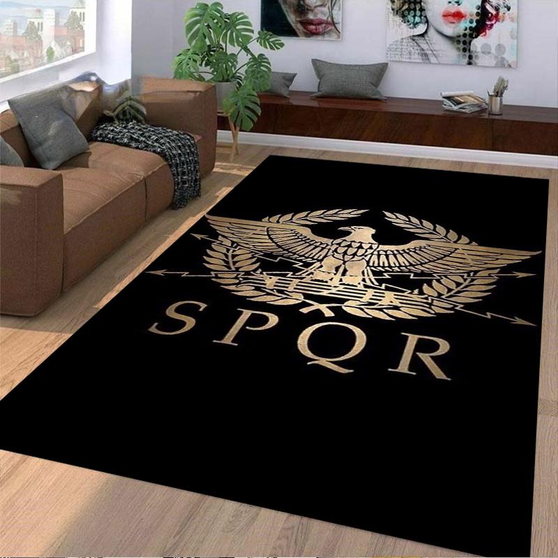 Ковер с эмблемой SPQR Римской Империи с дизайном лаврового венка Черный фон Подходит для использования в качестве противоскользящего покрытия для гостиной, спальни, диванов