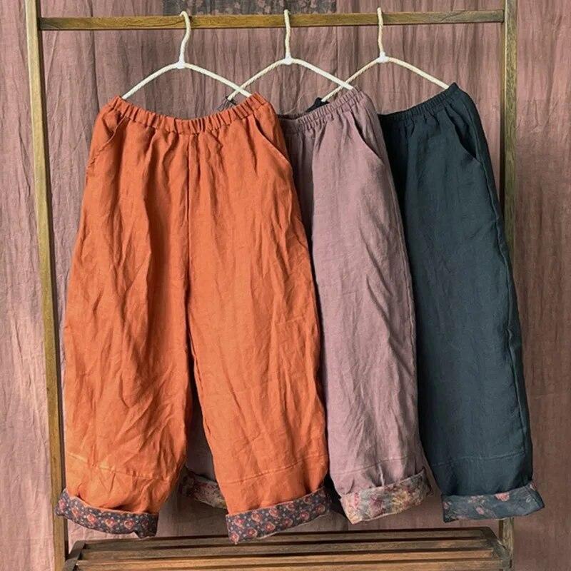 Johnature Женские винтажные льняные брюки с эластичной резинкой на талии плюс хлопковые теплые зимние брюки, однотонные свободные длинные брюки с карманами
