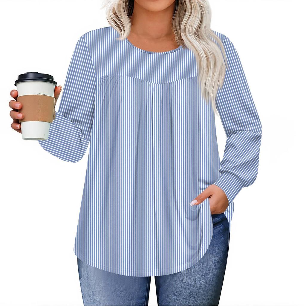 Womens Plus Size Tops Long Sleeve Shirts Round Neck Flowy Tunic Casual Loose Blouse L-5X