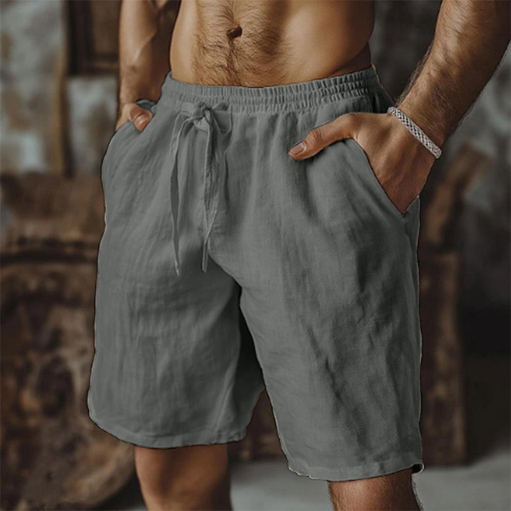 Men's Cotton Linen Shorts Elastic Waist Casual Solid Color Lace-up Running Fitness Sports Beach Fifth Pants