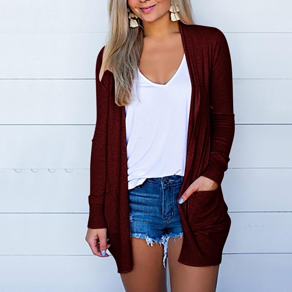 Модные женские однотонные топы с длинными рукавами и карманами, кардиган, куртка