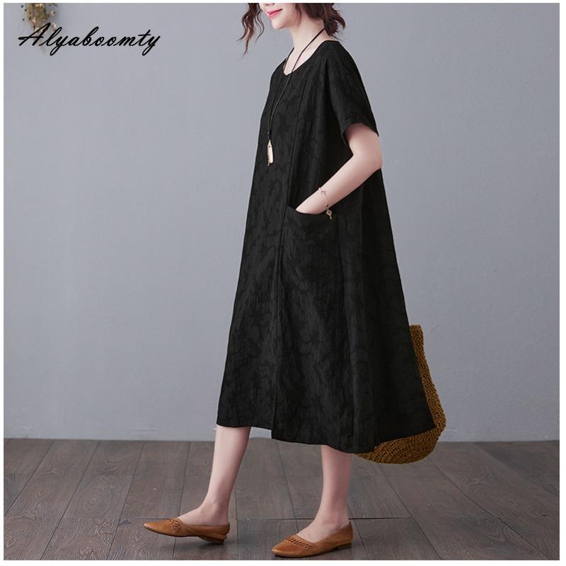 Плюс Размер Лето Женское Однотонное Платье А-силуэта Короткое Платье С О-образным Вырезом Красное Темно-синее Черное Зеленое Платье С Разрезом Жаккардовое Хлопковое Свободное Платье С Карманом