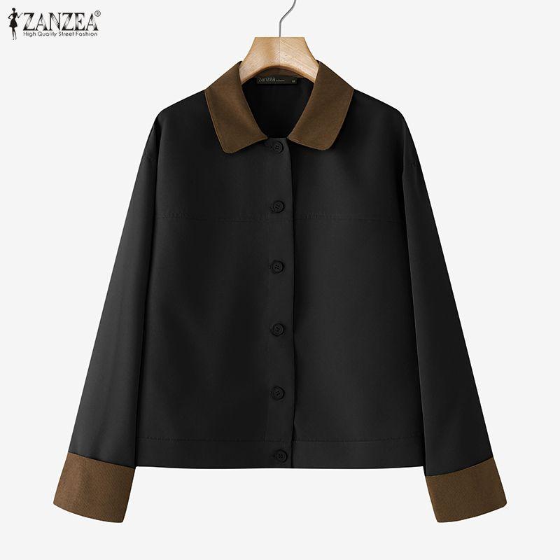 ZANZEA Женская блузка с отложным воротником, свободного кроя, с длинными рукавами и вставками