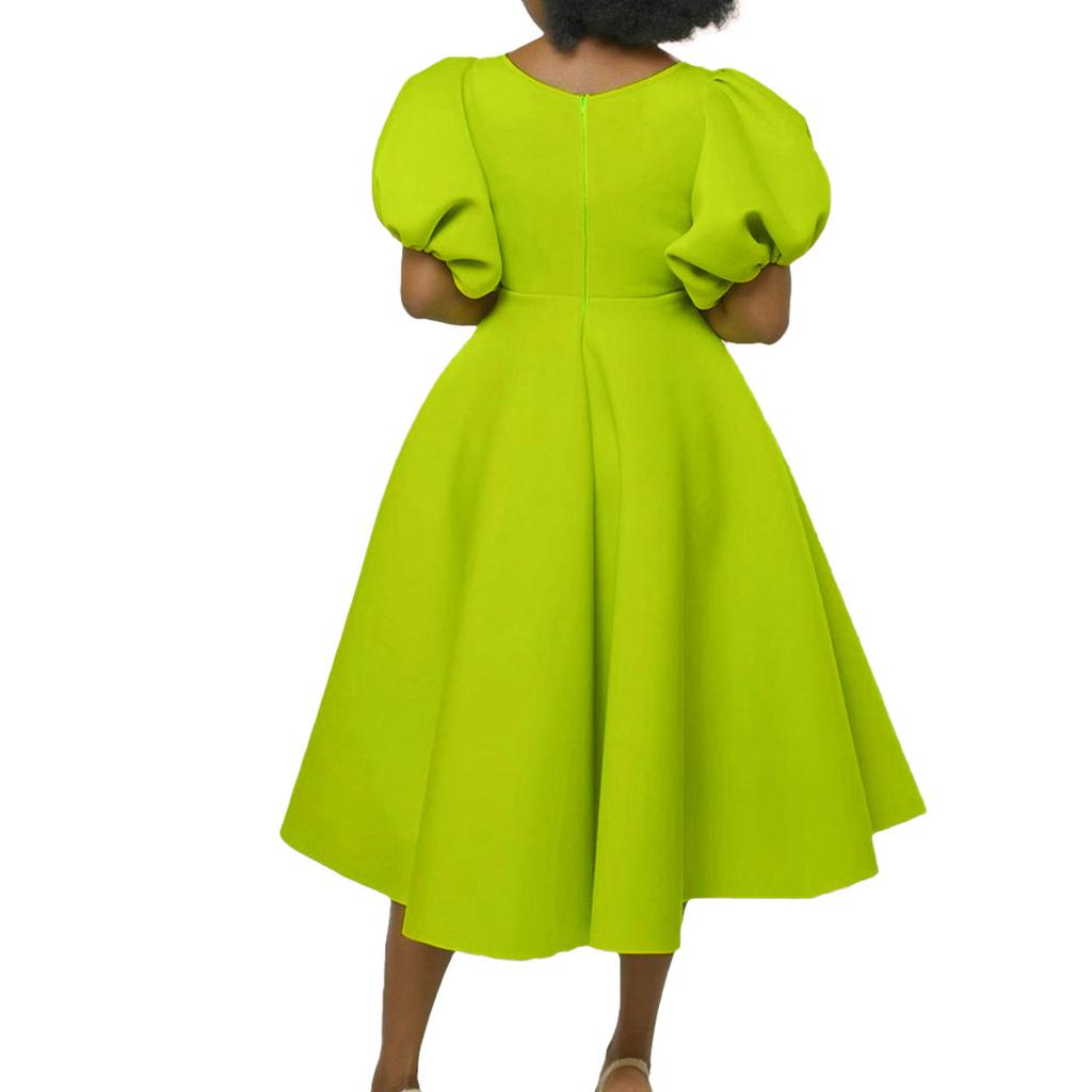 Женское модное однотонное платье большого размера, элегантное цельное платье с v-образным вырезом и пышными рукавами