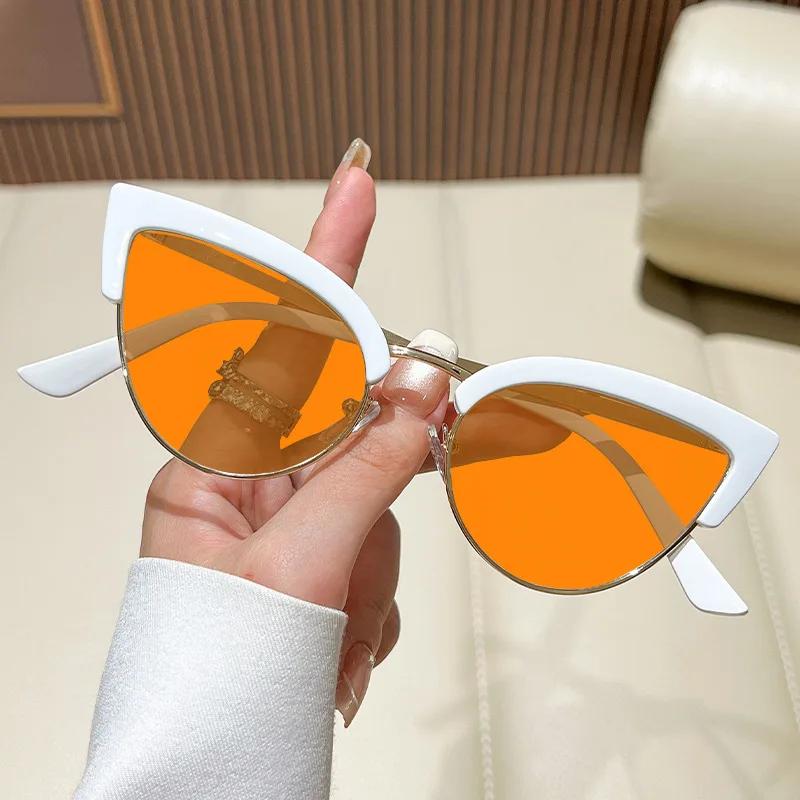 Metal Half-Frame Night Vision Anti-Blue Light Glasses Orange & Red Lenses Unisex Fashion Cat-Eye Gaming Eye Protection Glasses