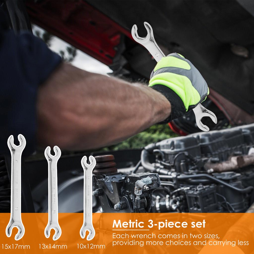 3 Pcs Metric Flare Nut Spanner Set Double End Open Ring Spanner Set Chrome Vanadium Steel Brake Line Wrench for Mechanics
