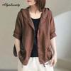 Корейская модная летняя женская кардиган большого размера с капюшоном кофейного фиолетового цвета из хлопка и льна, повседневная свободная блузка больших размеров, винтажное женское тонкое пальто
