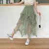 Women Cake Skirt Mid-rise Elastic Waist Irregular Hem Midi Skirt Solid Color Mesh Swing Long Skirt Daily Wear
