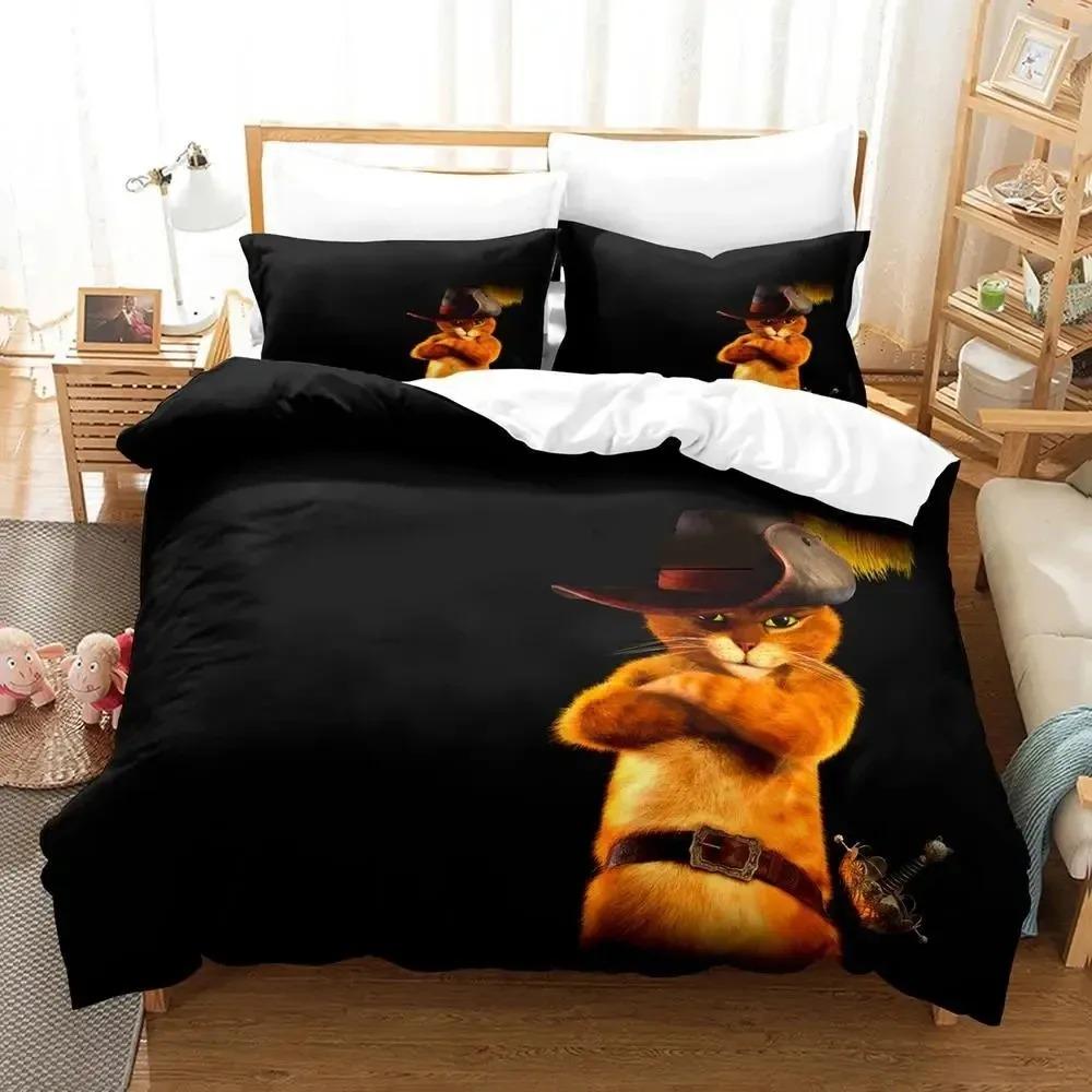 Cartoon Puss in Boots Duvet Cover Pillowcase Bedding Set for Kids Girl Boys Bedroom Gift Single Double Large Size