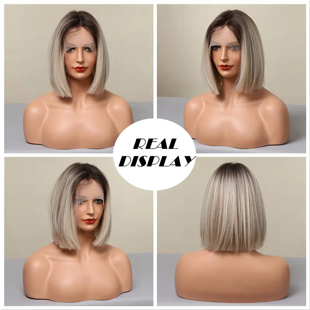 ALAN EATON Блондинка 13*1 кружевные фронтальные короткие синтетические парики Ombre темные корни натуральные искусственные волосы для женщин парик шнурка высокая температура