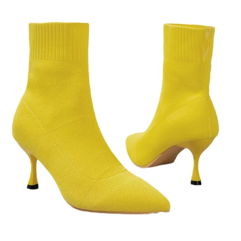 Женские сапоги зимние модные шпильки на высоком каблуке с острым носком вязаные мягкие эластичные удобные дышащие сапоги на резиновой подошве